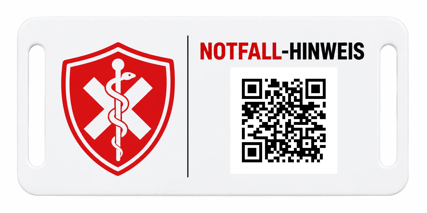Einzelansicht des weißen Notfall-Hinweis-Schildes mit zwei länglichen Öffnungen und QR-Code